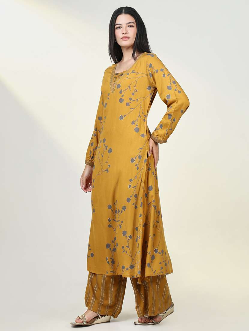 women mustard floral printed kurta palazzo set - 21643230 -  Standard Image - 2