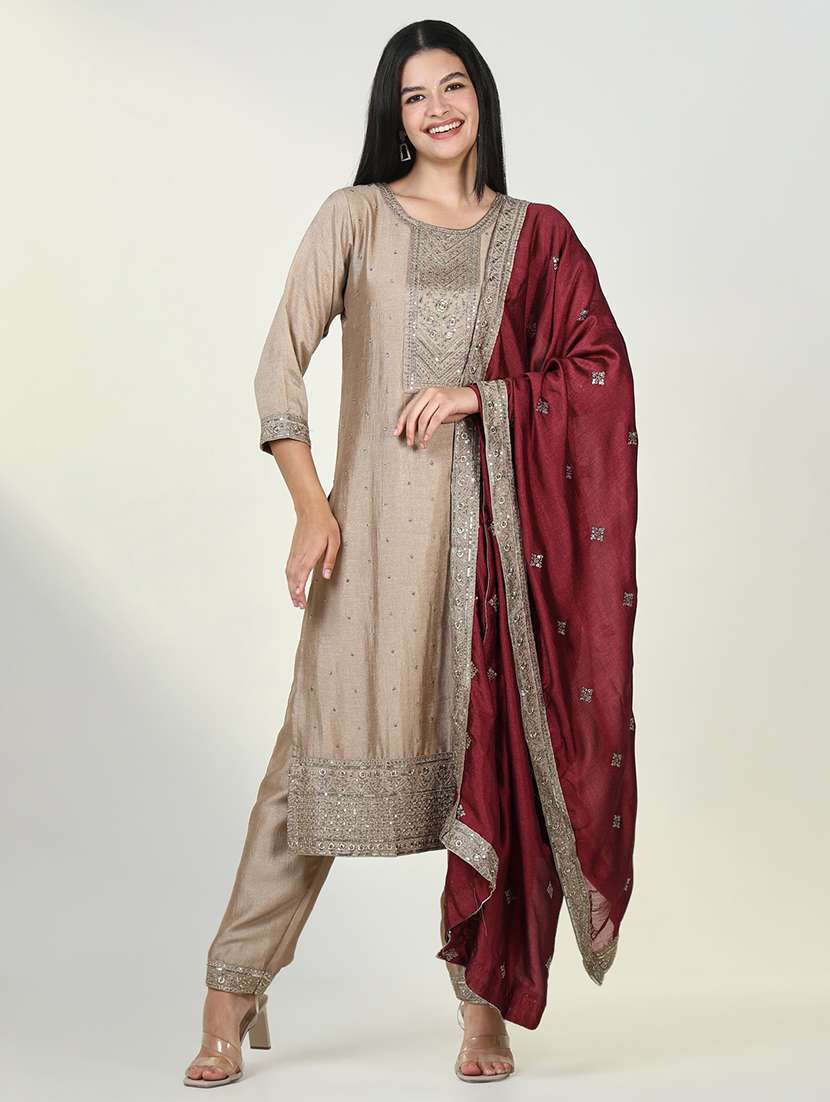 women three quarter sleeve kurta pant with dupatta set