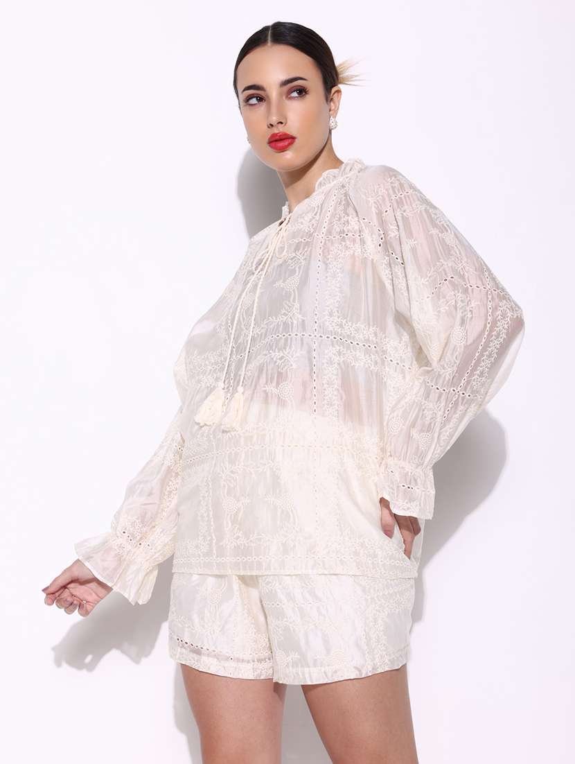 women lace deatiled top and shorts co-ord set - 21643298 -  Standard Image - 2