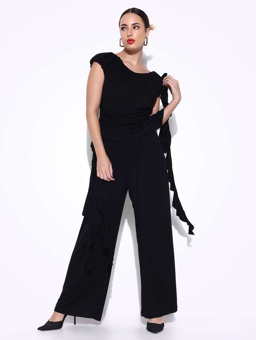 women solid ruffle deatiled top and trouser co-ord set