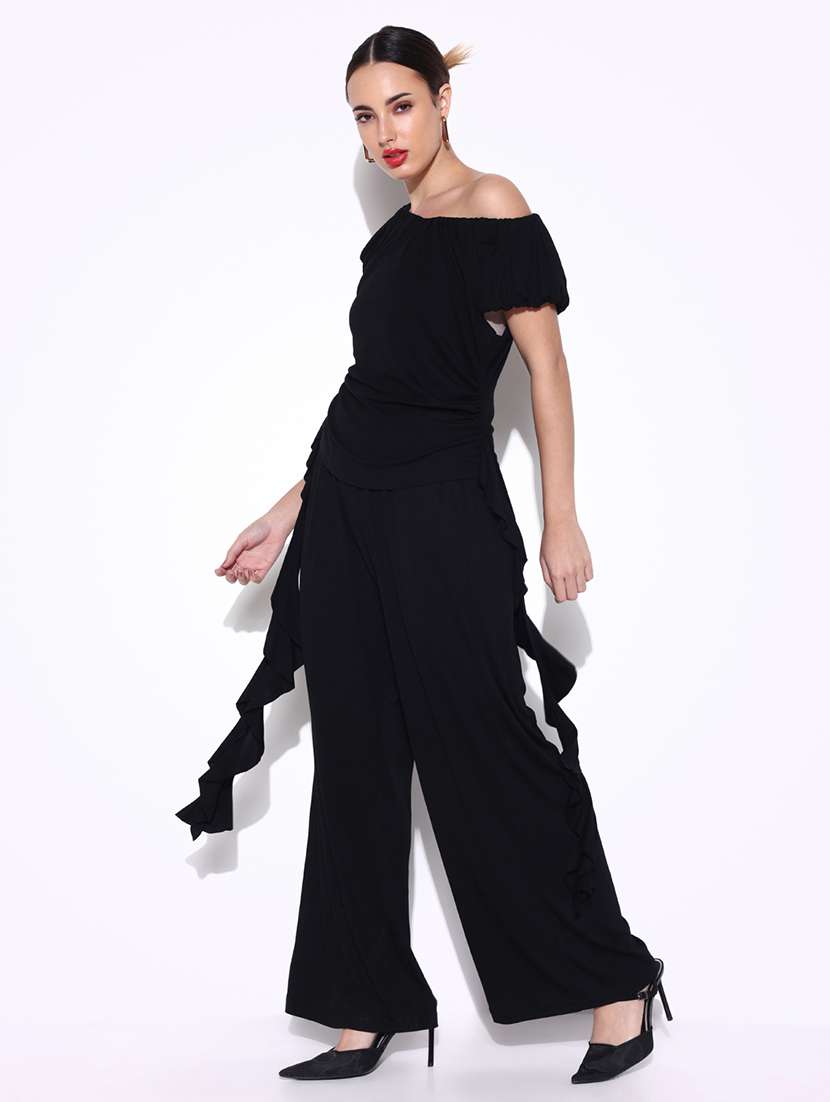 women solid ruffle deatiled top and trouser co-ord set - 21643302 -  Standard Image - 2