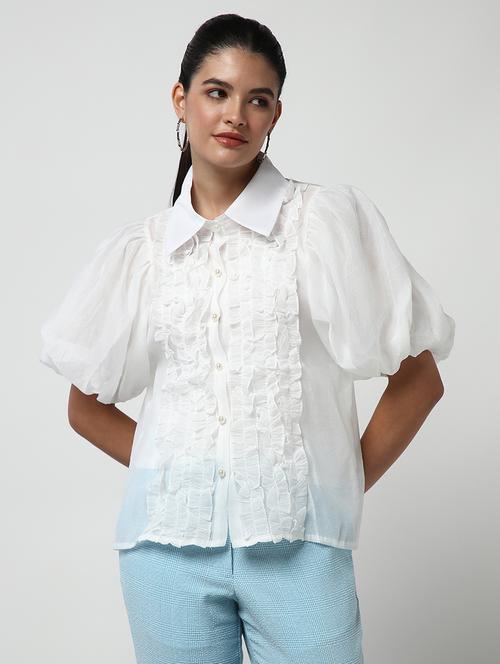 women solid collared puff sleeves shirt - 21643308 - Standard Image - 0