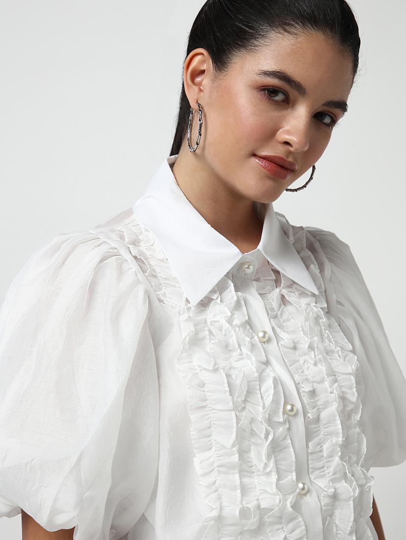 women solid collared puff sleeves shirt - 21643308 - Standard Image - 7