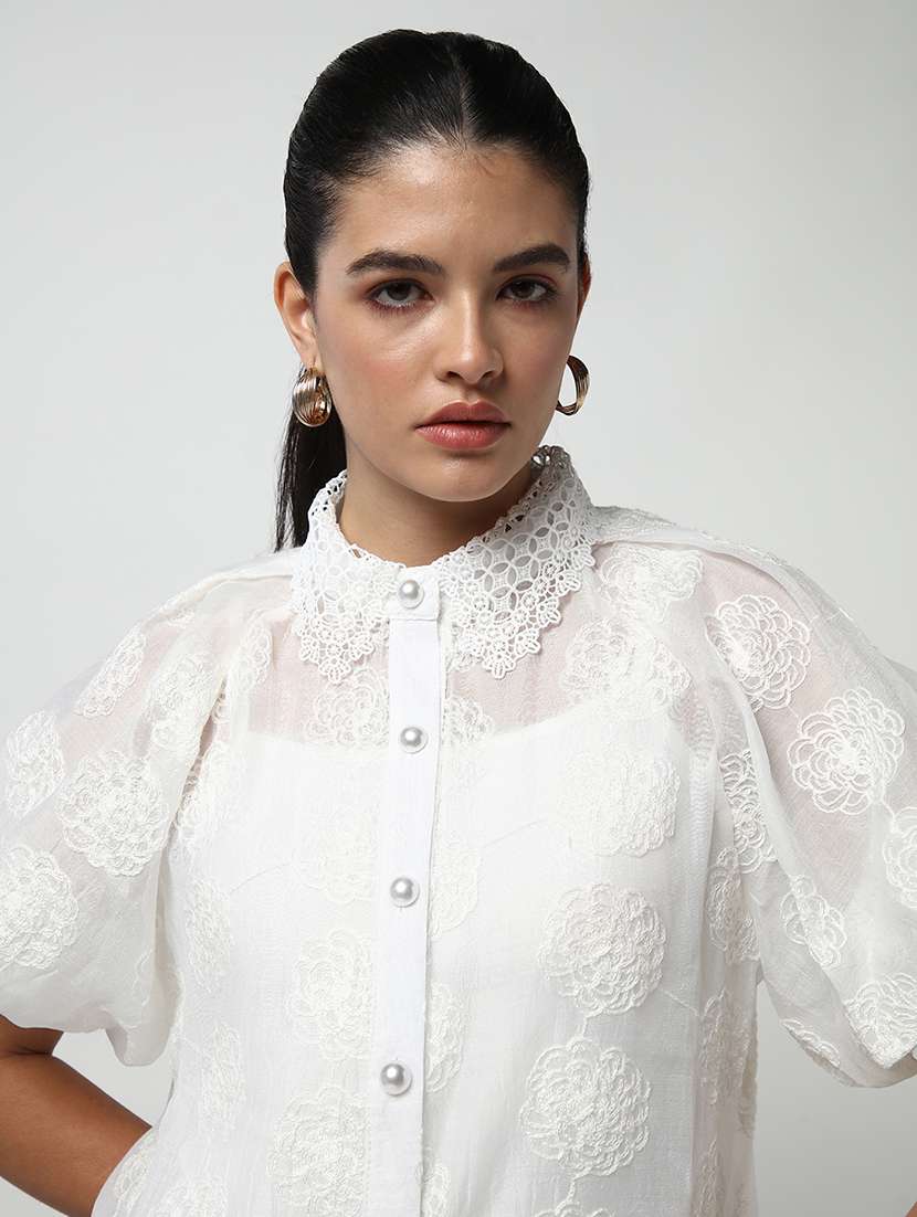 women lace deatiled collared puff sleeves shirt with slip - 21643309 -  Standard Image - 7