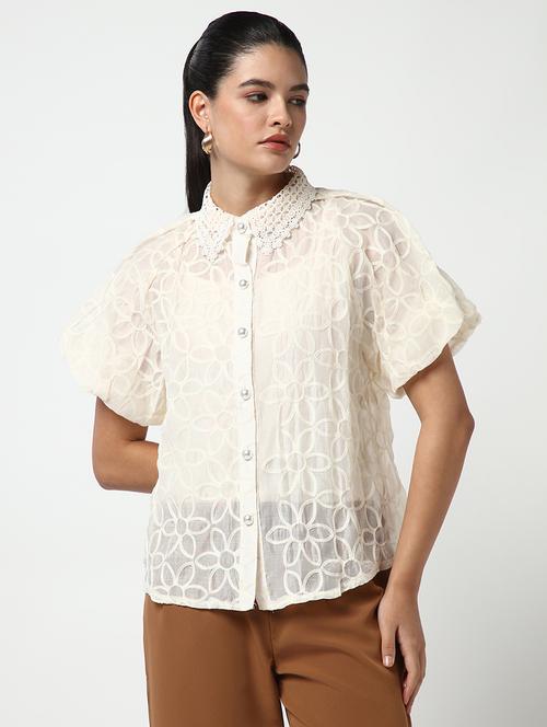 women lace deatiled collared puff sleeves shirt with slip - 21643312 - Standard Image - 0