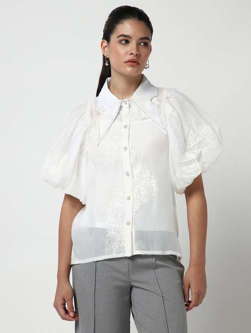 women embroidered collared puff sleeves shirt with slip - 21643315 -  Standard Image - 0