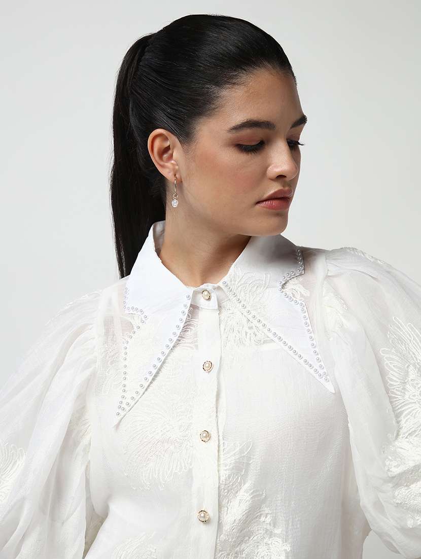 women embroidered collared puff sleeves shirt with slip - 21643315 -  Standard Image - 7