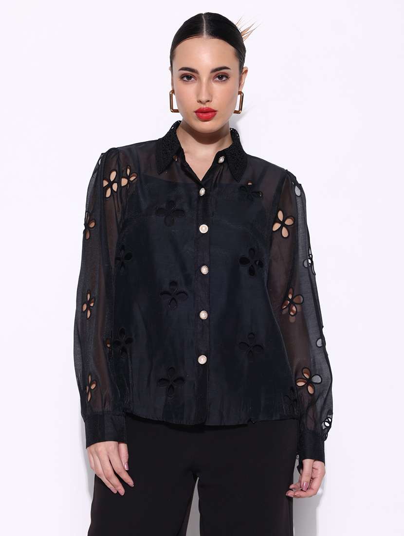 women lace detailed collared puff sleeves shirt with slip