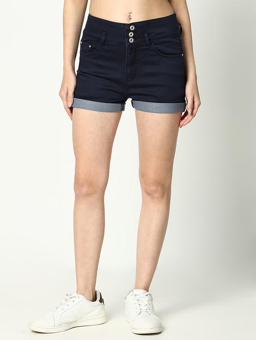 women solid mid rise denim short - 21643323 - Standard Image - 0
