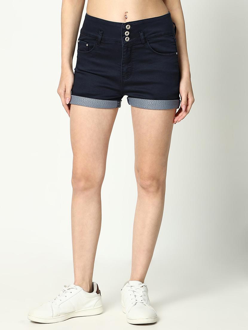 women solid mid rise denim short - 21643323 - Zoom Image - 0