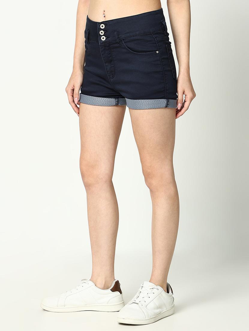 women solid mid rise denim short - 21643323 - Standard Image - 2