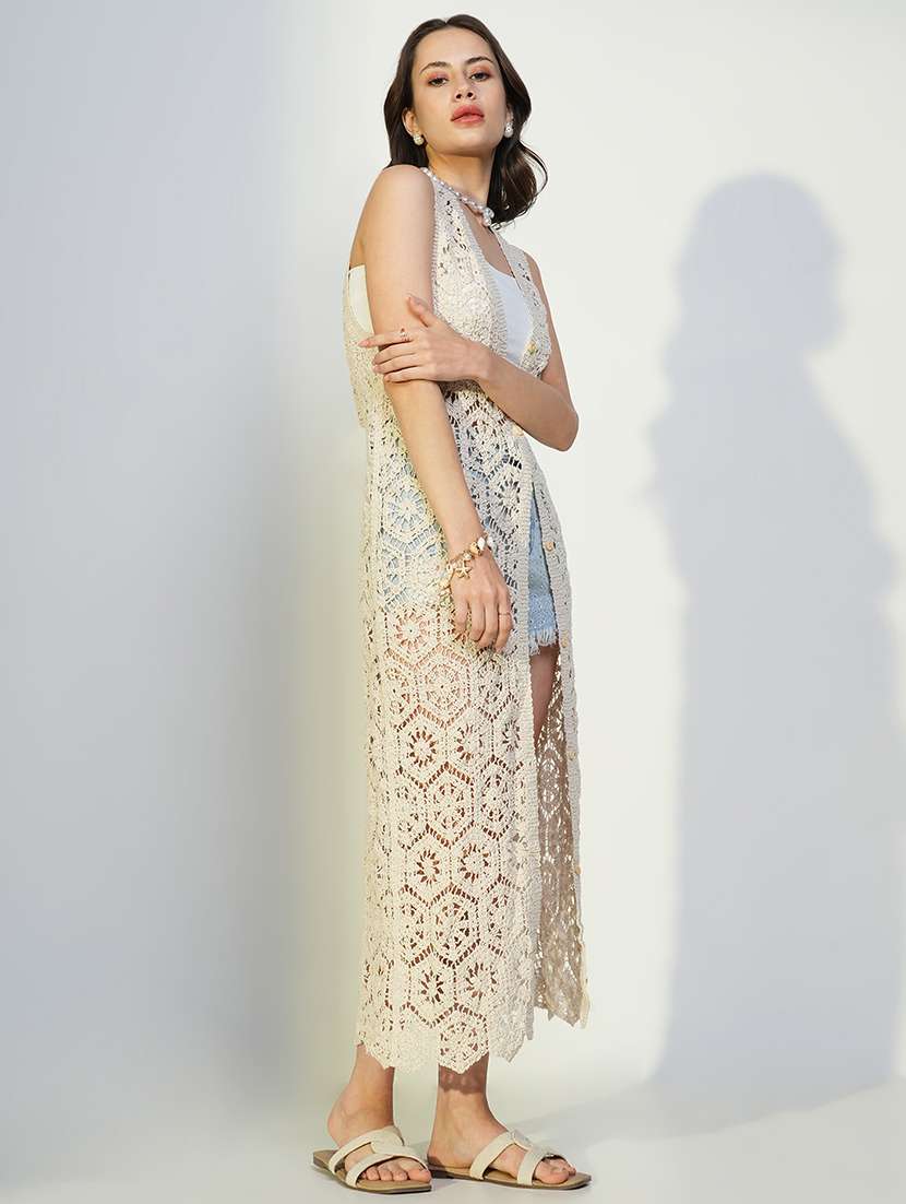 women crochet detailed sleeveless long shrug - 21643325 -  Standard Image - 2