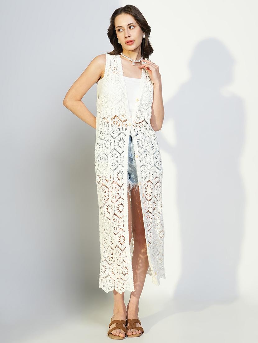 women crochet detailed sleeveless long shrug