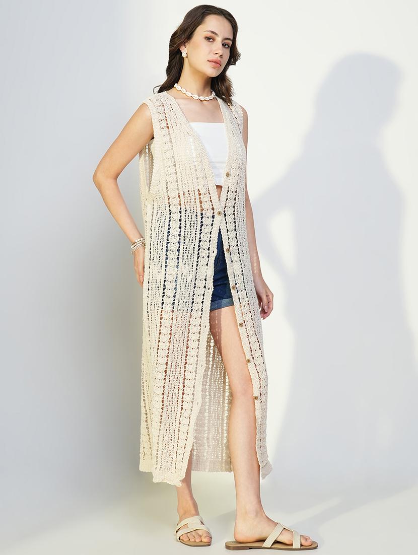 women crochet detailed sleeveless long shrug - 21643327 - Standard Image - 2