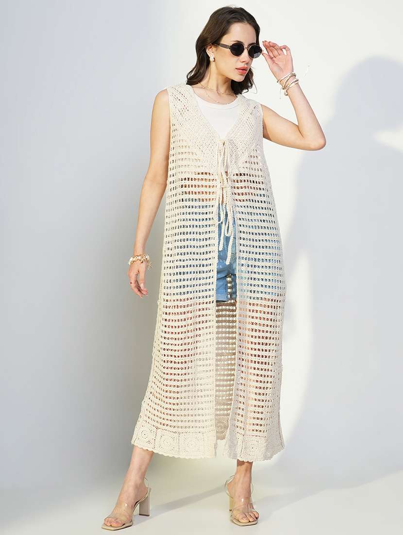 women crochet detailed sleeveless long shrug