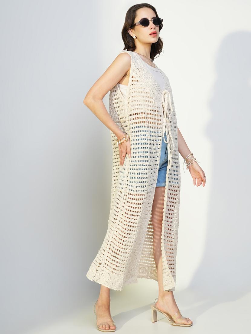 women crochet detailed sleeveless long shrug - 21643329 - Standard Image - 2