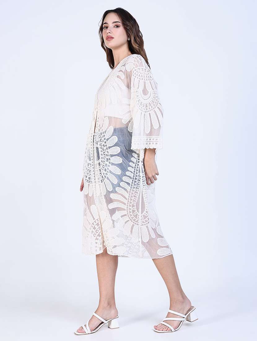 women lace detailed sleeveless long shrug - 21643338 -  Standard Image - 2