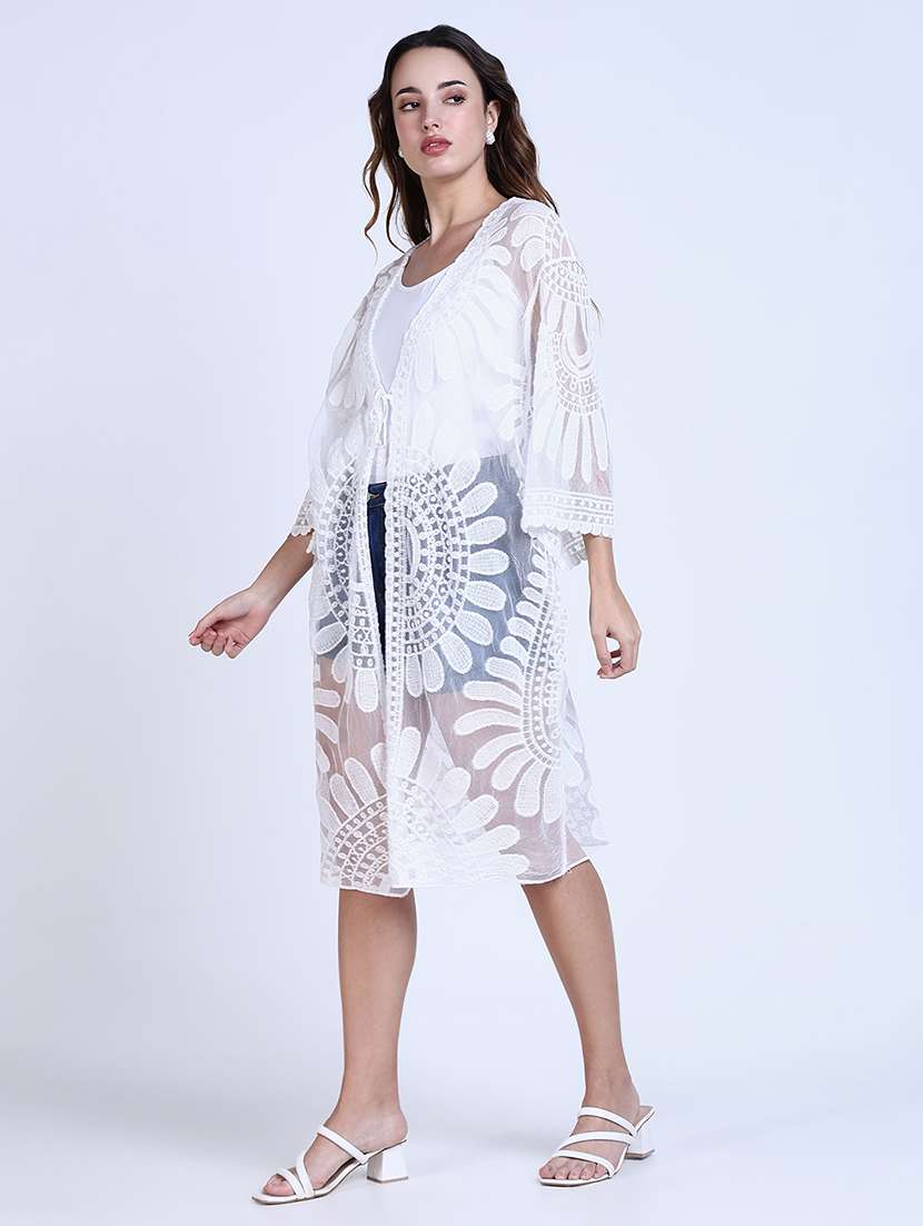 women lace detailed sleeveless long shrug - 21643339 -  Standard Image - 2