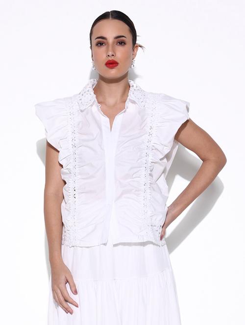 women solid lace detailed ruffled top - 21643379 -  Standard Image - 0
