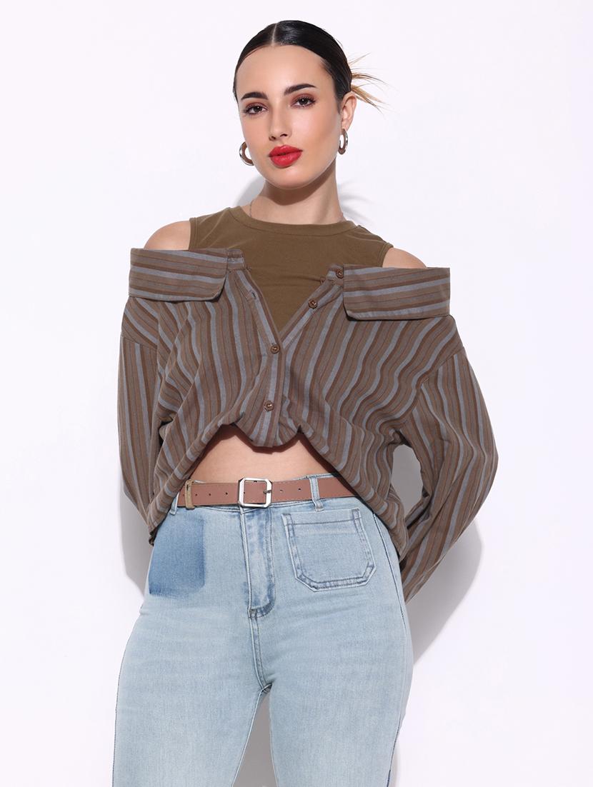 women brown stripes long sleeve shirt top - 21643402 -  Zoom Image - 0