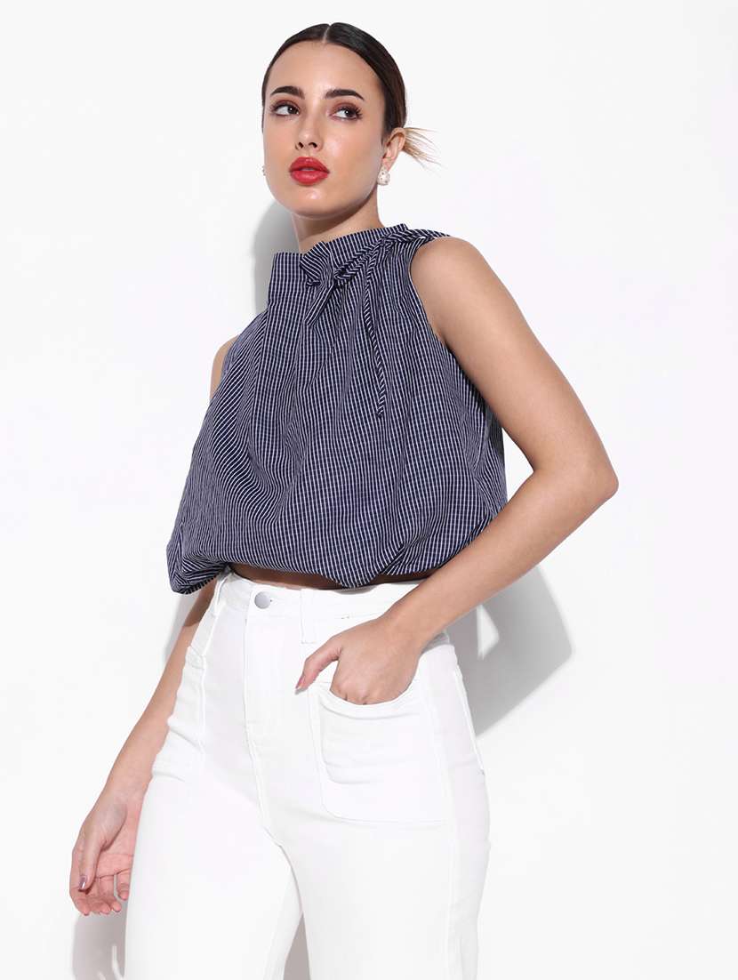 women blue checks sleeveless blouson top - 21643411 - Standard Image - 2