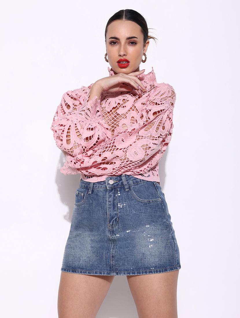 women lace deatiled puff sleeves regular top - 21643418 - Zoom Image - 0