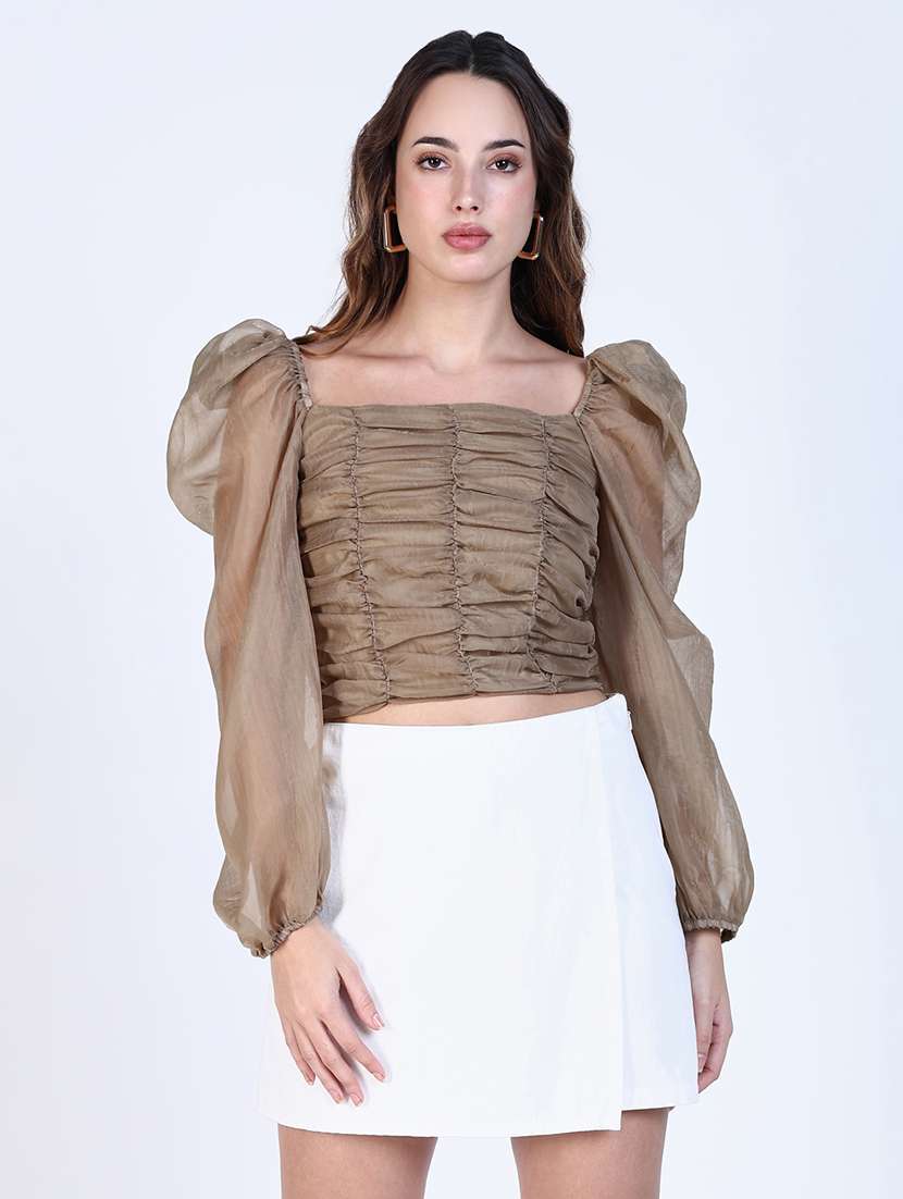 women solid puff sleeves crop top