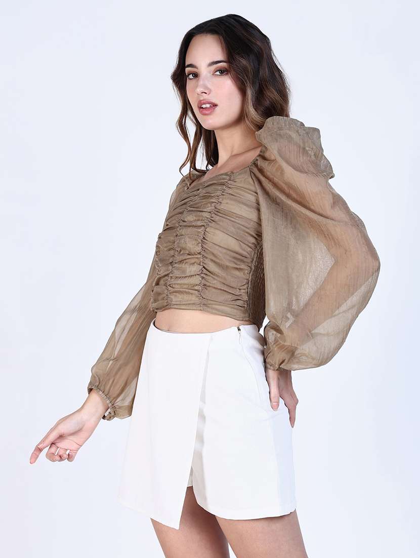 women solid puff sleeves crop top - 21643426 -  Standard Image - 2