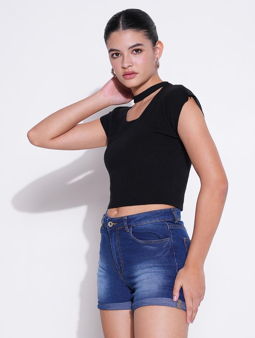 women solid chocker neck regular top - 21643429 - Standard Image - 2