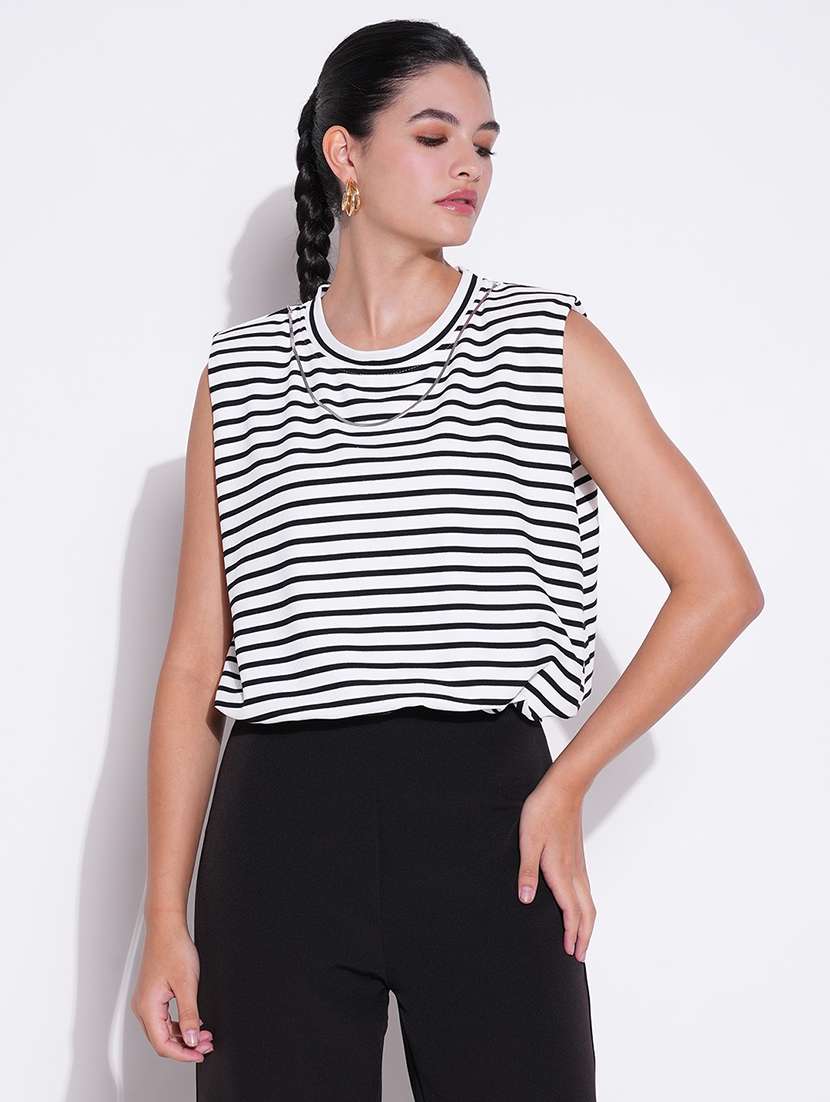 women striped sleeveless blouson top