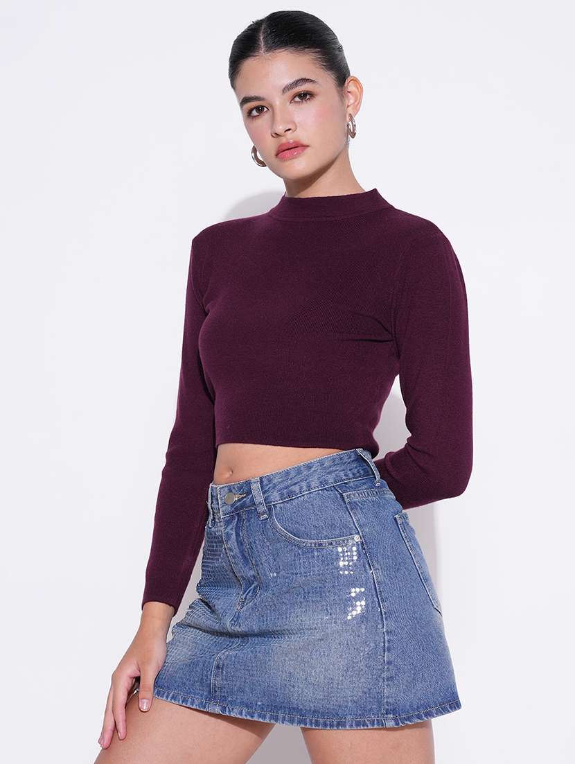 women purple solid long sleeve crop top - 21643439 - Standard Image - 2