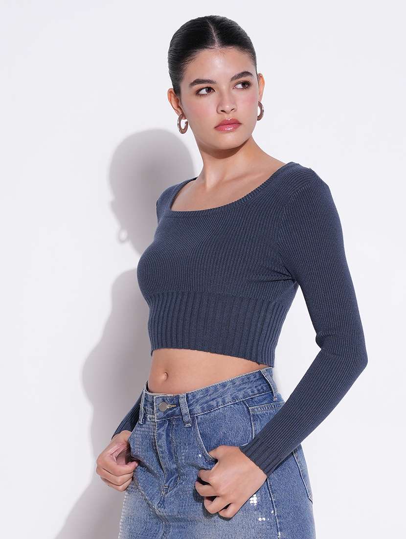 women blue solid long sleeve crop top - 21643442 - Standard Image - 2