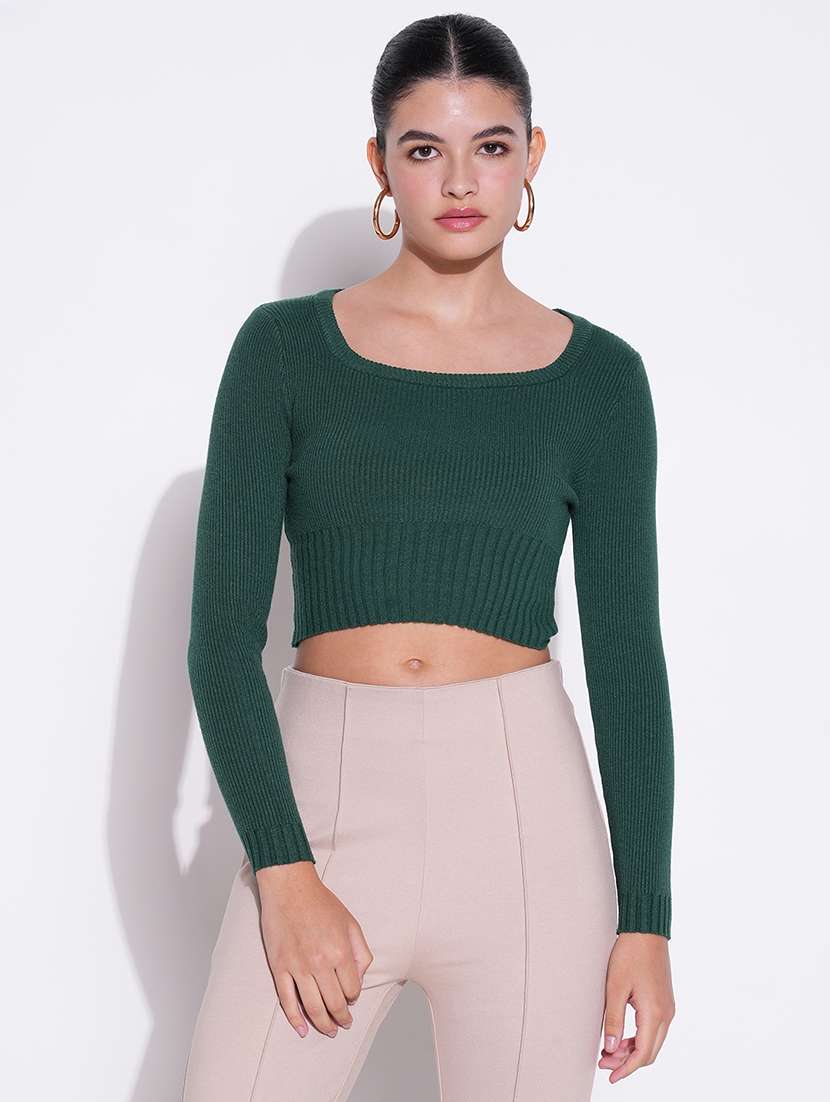 women green solid long sleeve crop top
