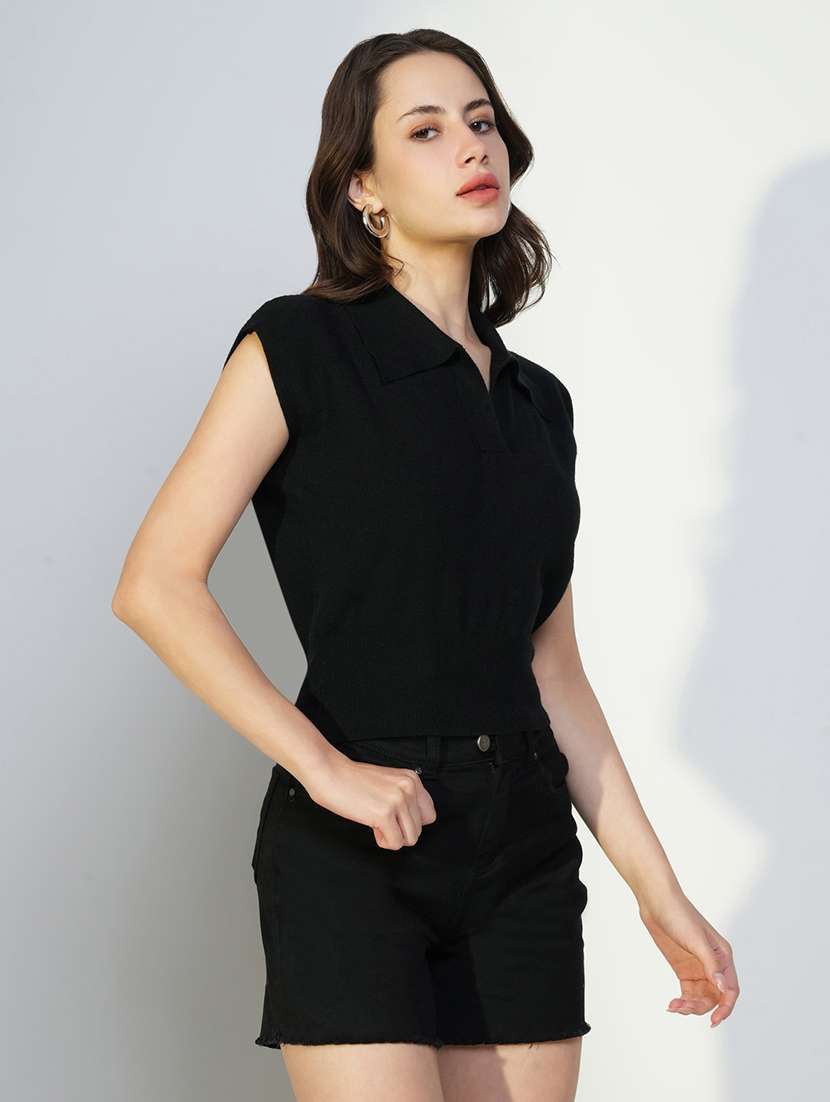 women black solid short sleeves top - 21643448 - Standard Image - 2