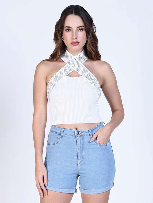women white solid sleeveless crop top - 21643450 - Standard Image - 0