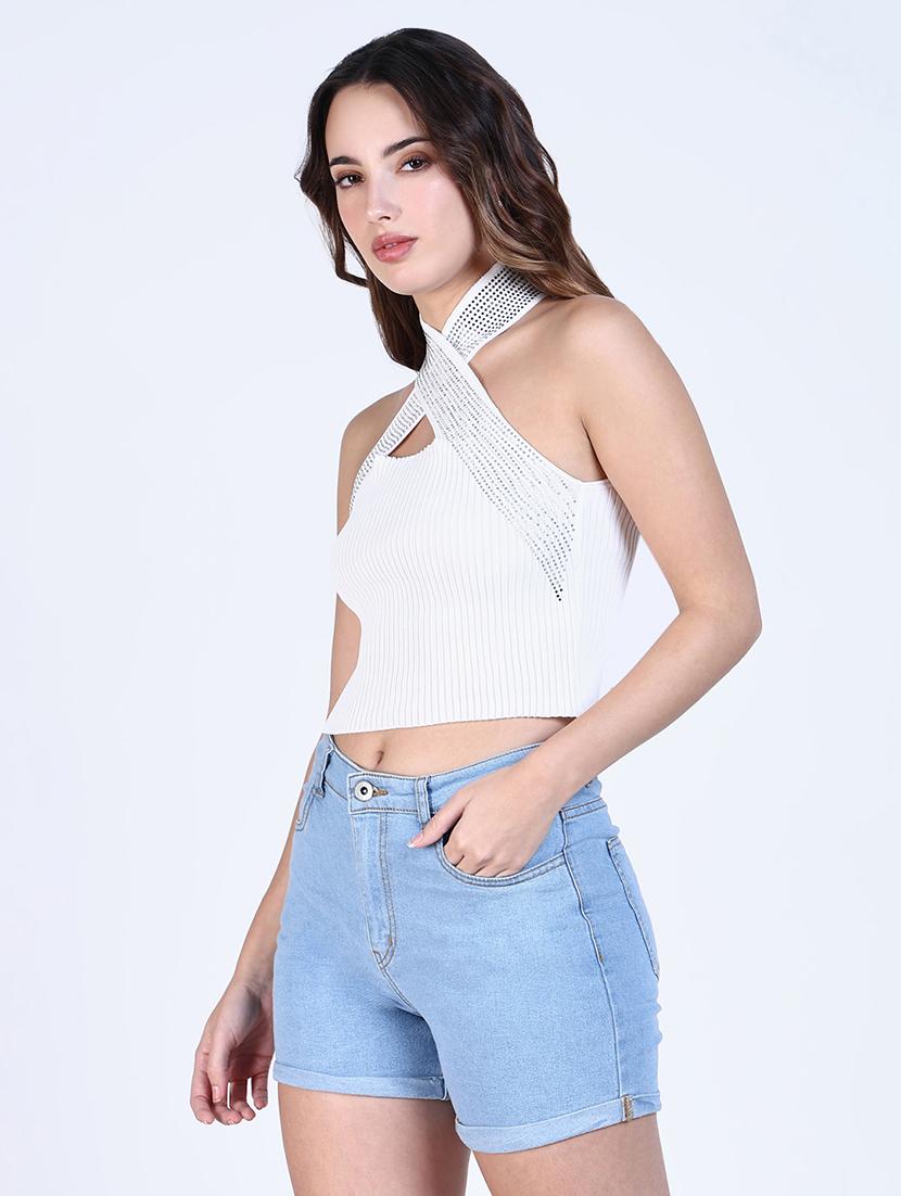 women white solid sleeveless crop top - 21643450 - Standard Image - 2