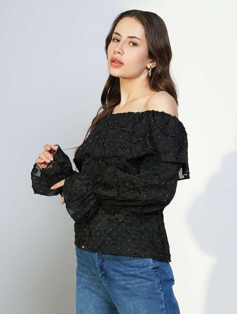 women black off-shoulder neck long sleeve top - 21643471 - Standard Image - 2