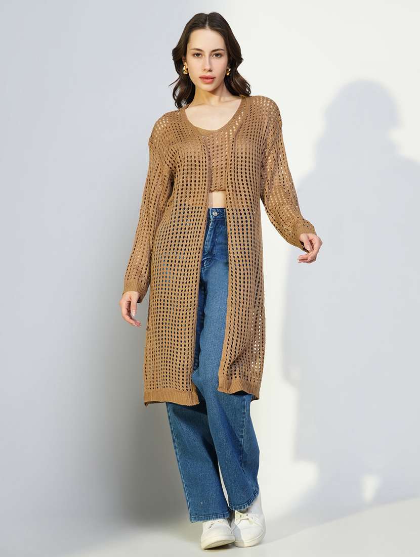 women crochet detailed sleeveless top with long shrug