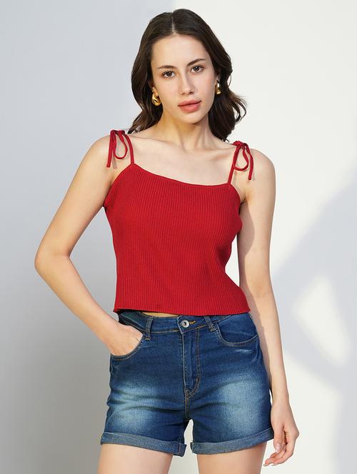 women solid shoulder strap neck top - 21643493 - Standard Image - 0