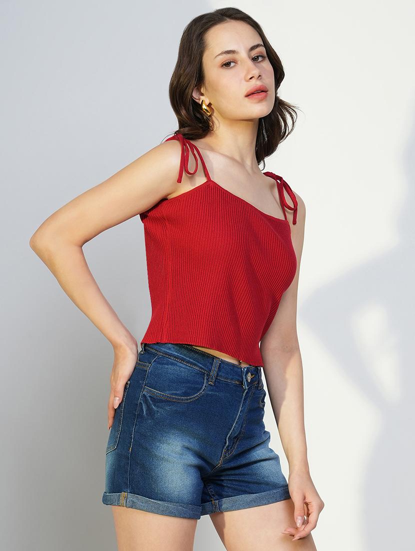 women solid shoulder strap neck top - 21643493 - Standard Image - 2