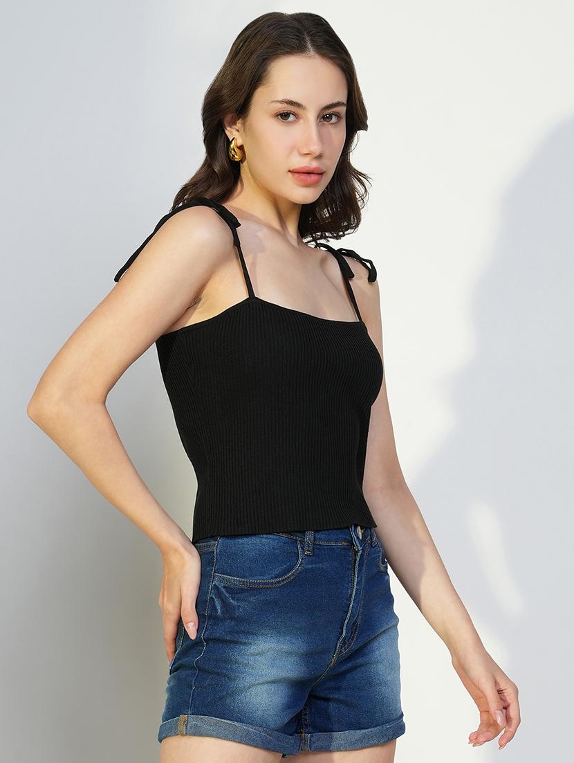 women solid shoulder strap neck top - 21643494 - Standard Image - 2