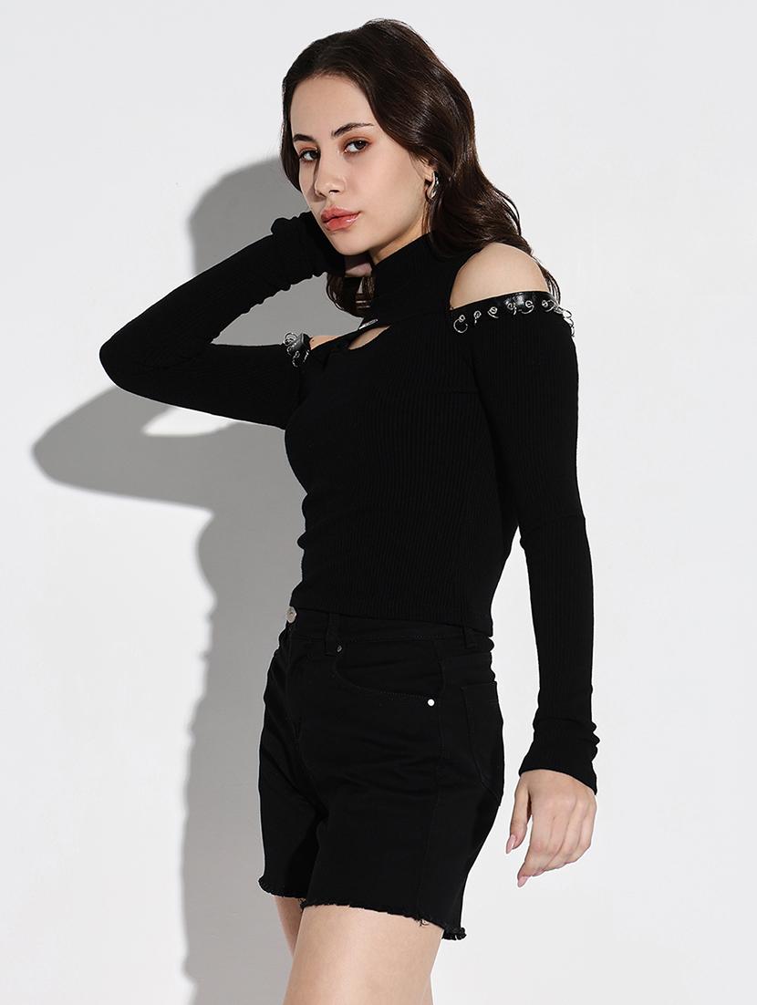 women black solid cold shoulder sleeve top - 21643502 - Standard Image - 2