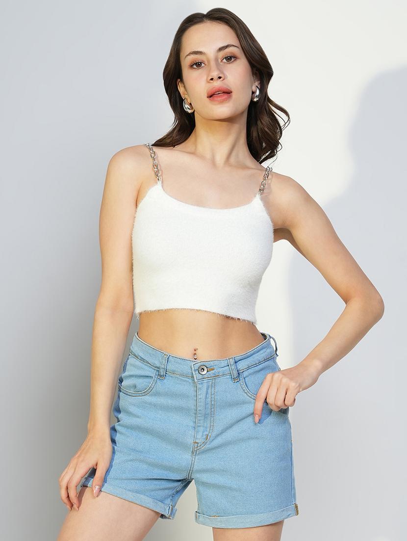women white solid shoulder strap crop top - 21643506 -  Zoom Image - 0