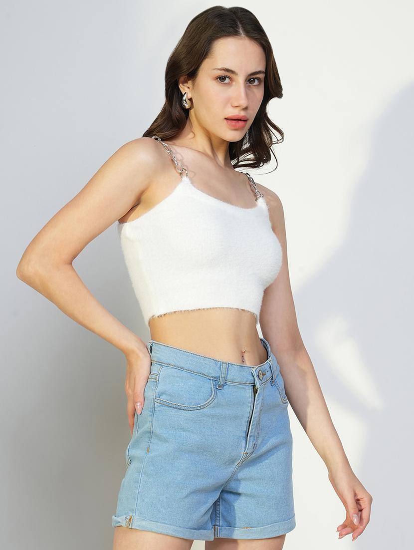 women white solid shoulder strap crop top - 21643506 - Standard Image - 2