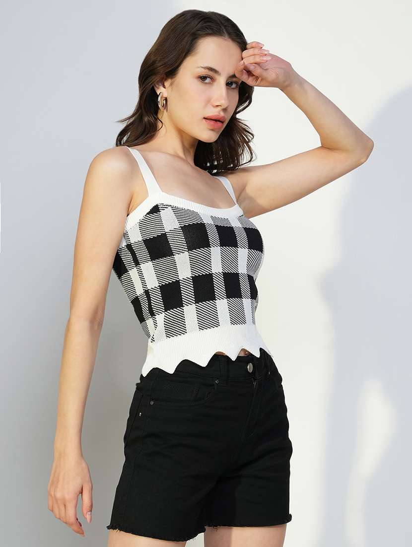 women checks shoulder strap neck top - 21643511 -  Standard Image - 2