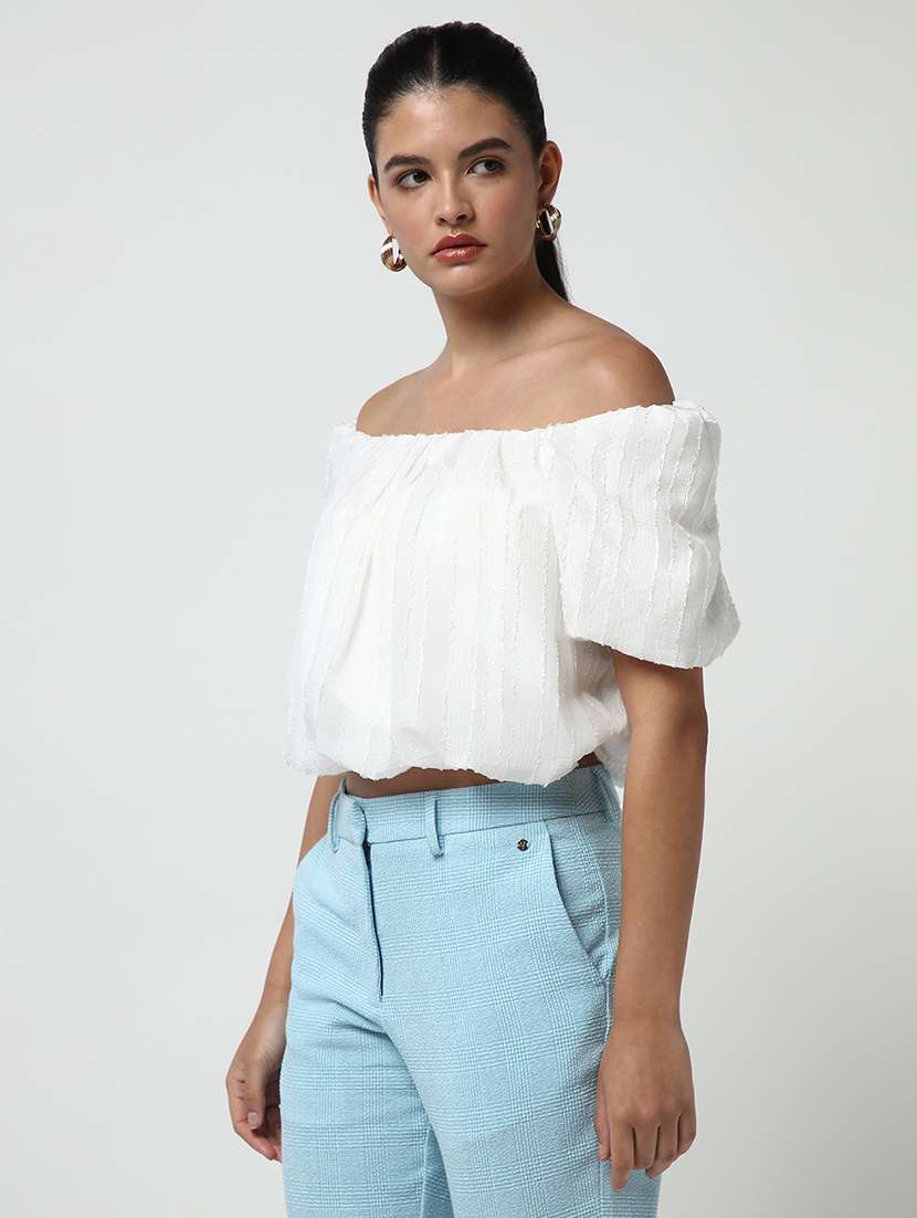 women white solid puff sleeves blouson top - 21643515 -  Standard Image - 2