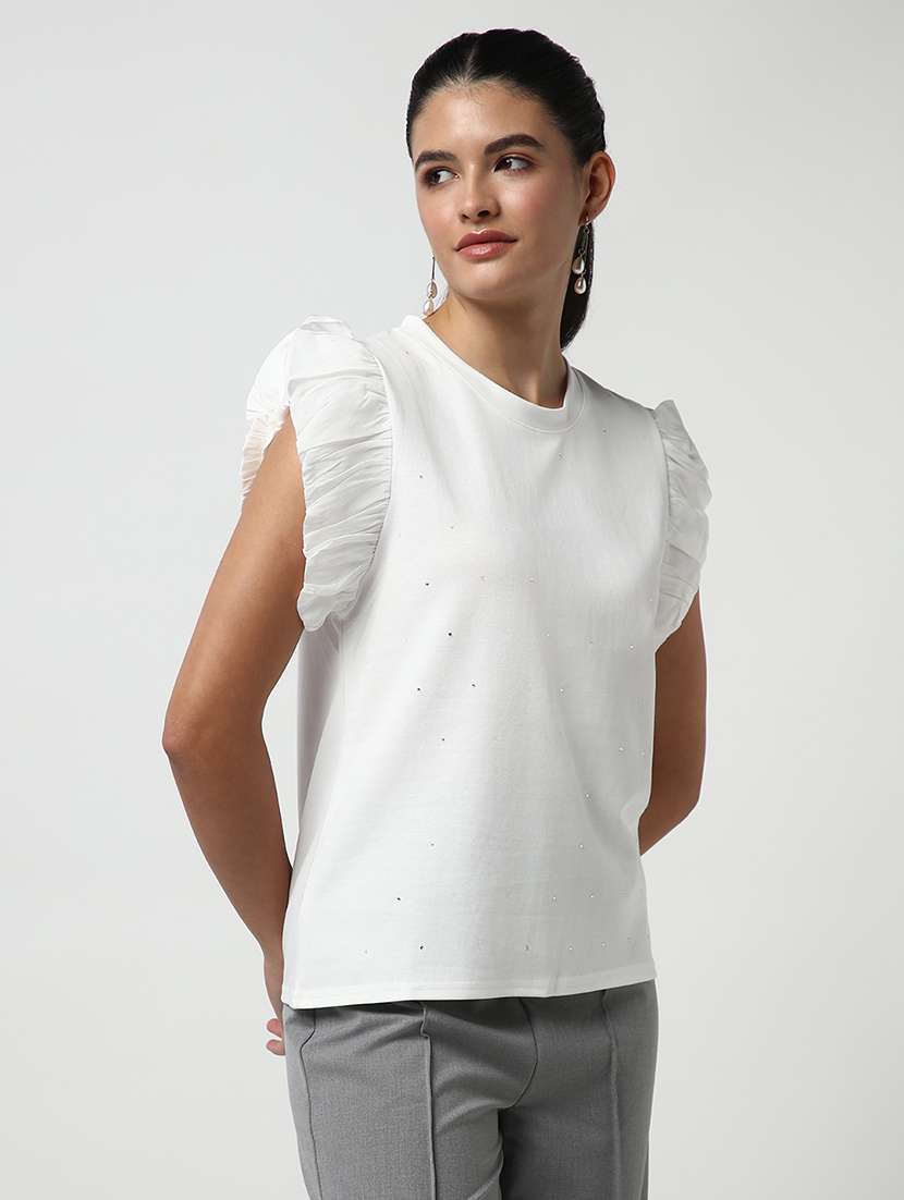 women white solid with work puff sleeve top - 21643526 -  Standard Image - 2
