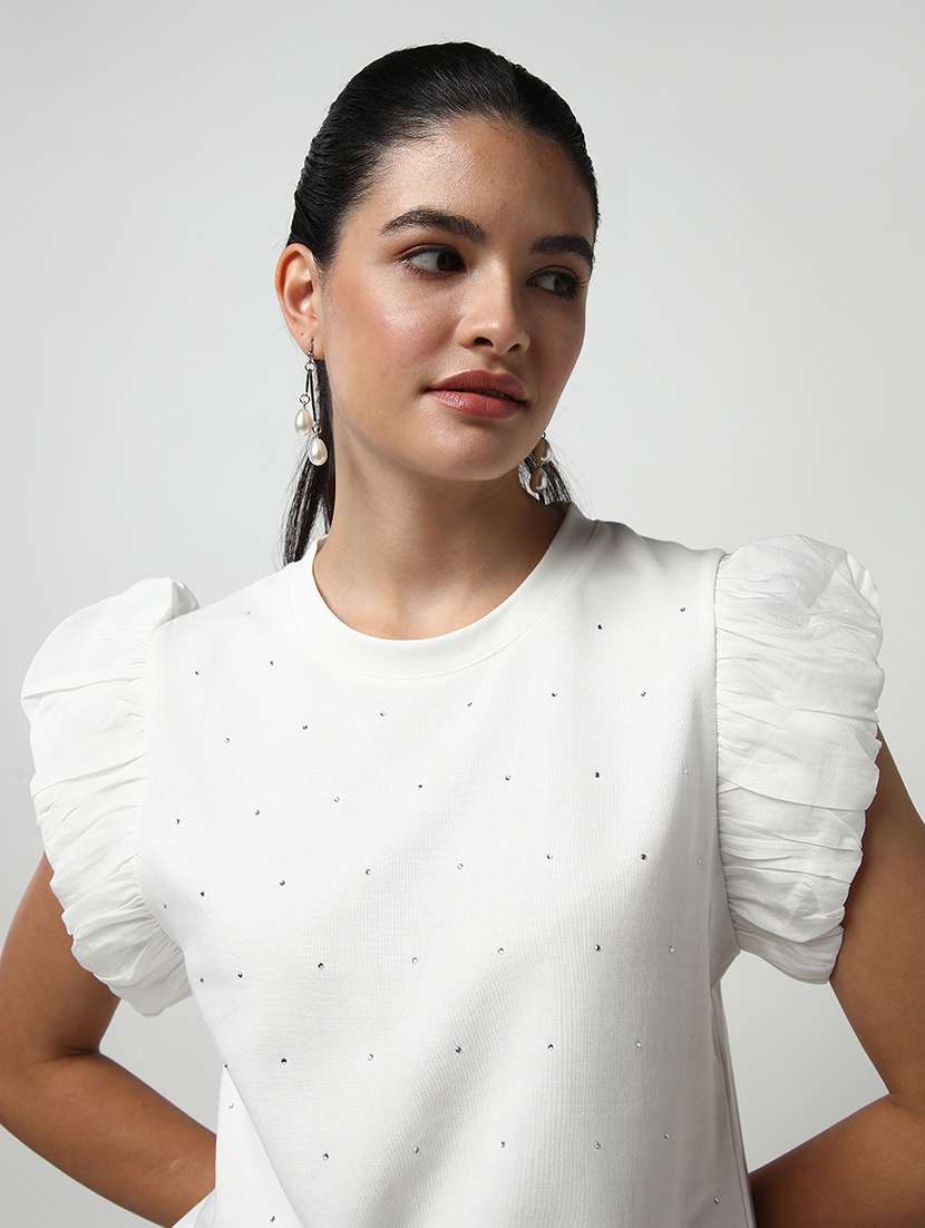 women white solid with work puff sleeve top - 21643526 -  Standard Image - 7