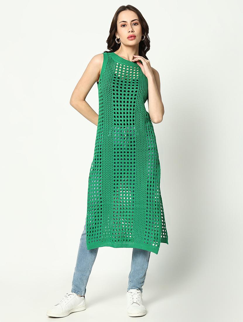 women green solid crochet longline top - 21643527 -  Zoom Image - 0