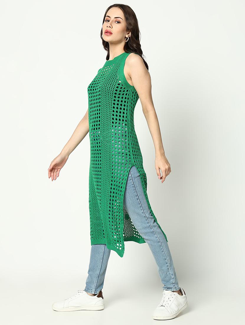 women green solid crochet longline top - 21643527 - Standard Image - 2